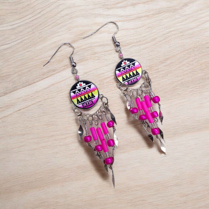 Pink and Black Southwestern Round Shaped Dangle Earrings