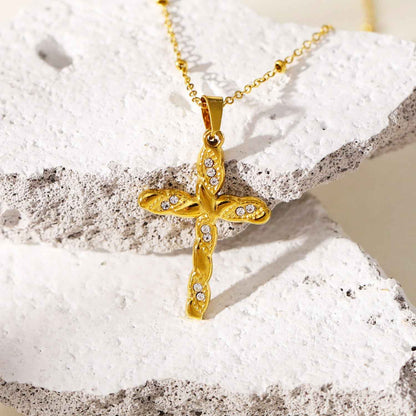 CHAMONIX Gold: Dainty Beaded Chain Necklace with a Zirconia Embedded Textured Cross Pandent