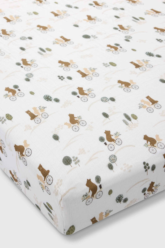 Muslin Fitted Crib Sheet - Bears on Bikes