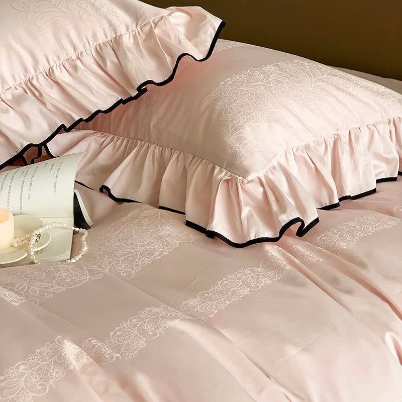 Château Ruffle Elegant 1000 TC Egyptian Cotton Duvet Set - Ivory/Blush