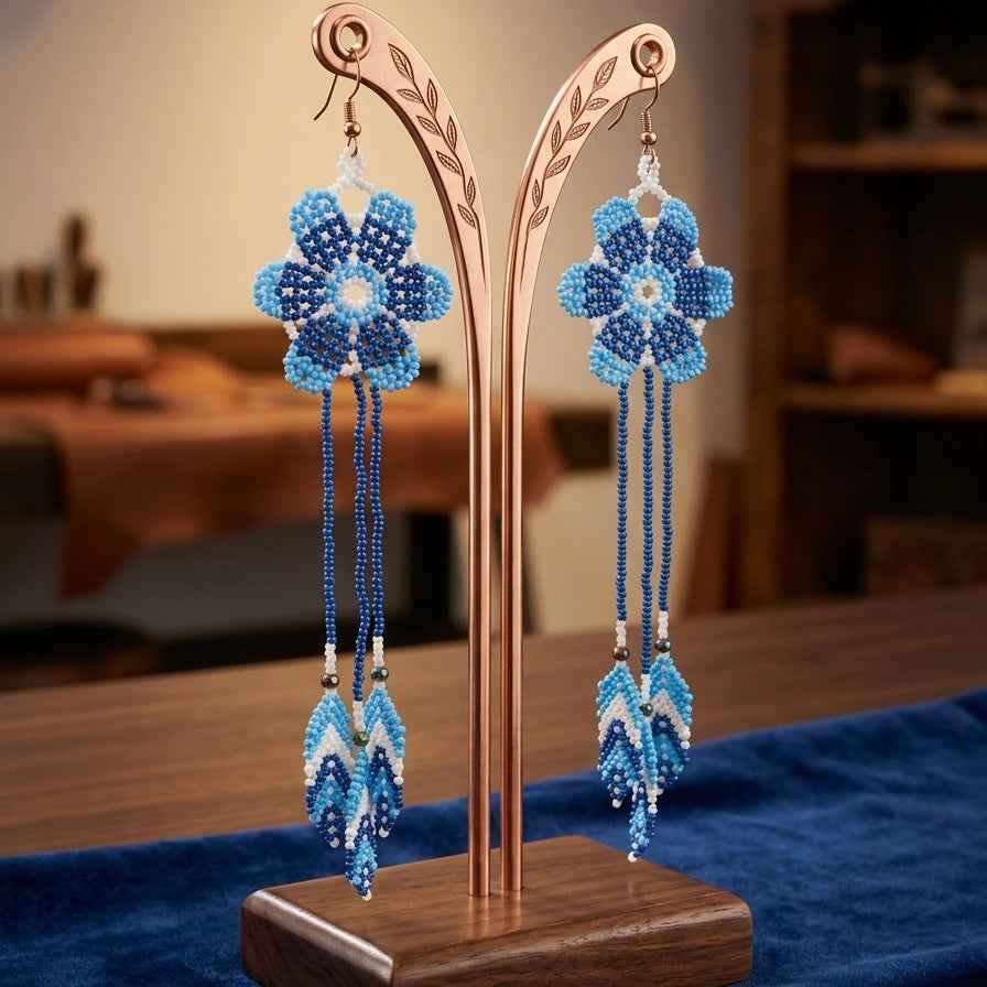 Sun Feather Bloom Beaded Earrings- Celeste/blue
