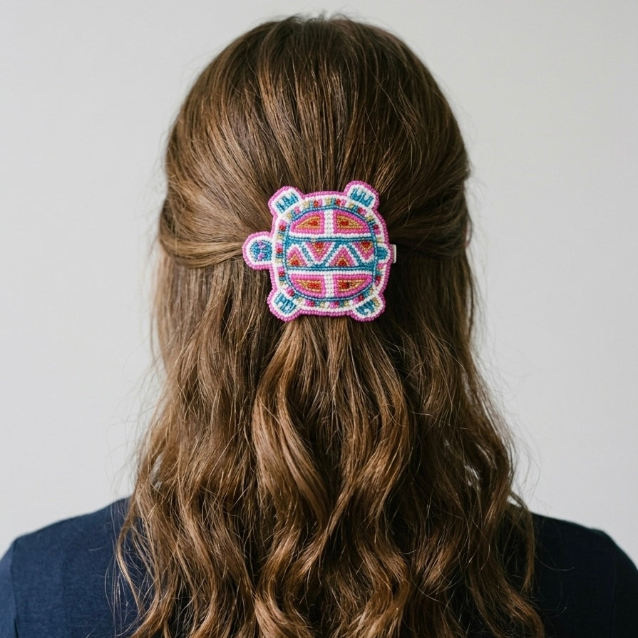 Beaded turtle Barrette pink accent