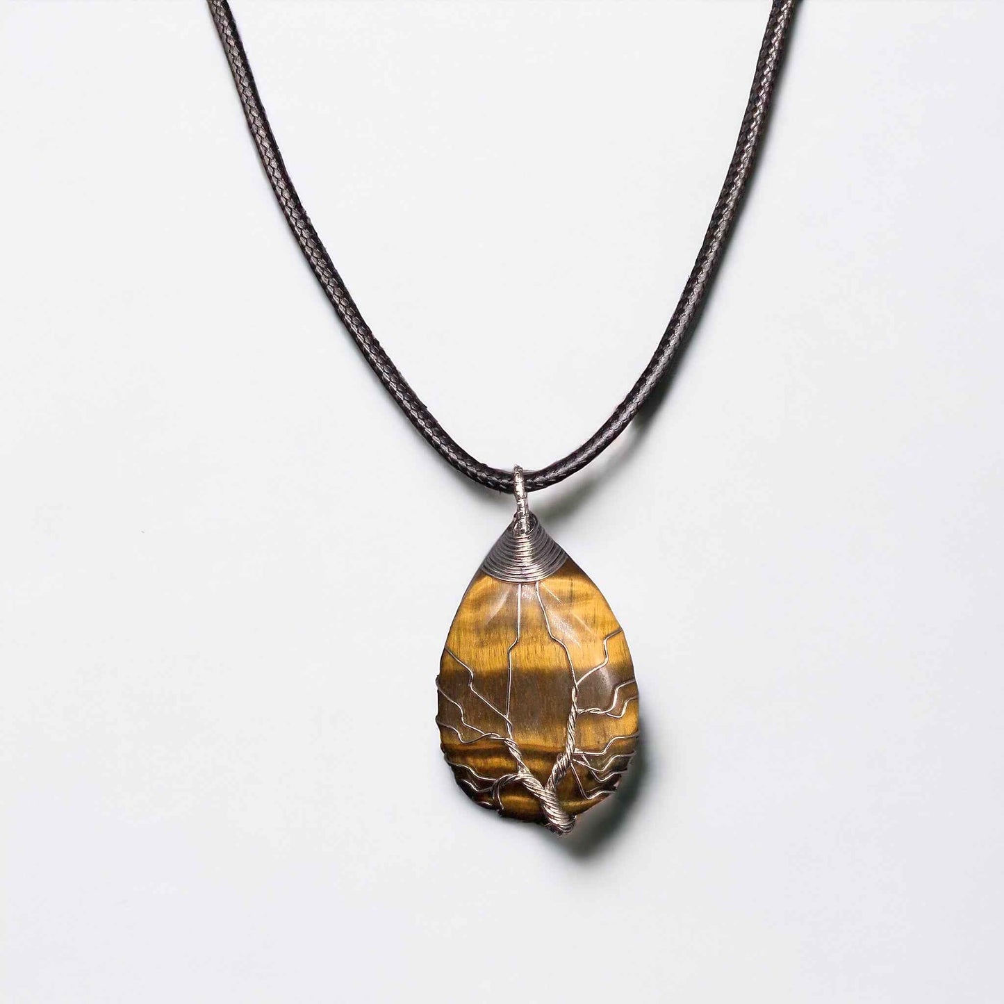 Yellow golden  tiger eyes Gemstone Pendant Wrapped w/ Silver Tree of Life