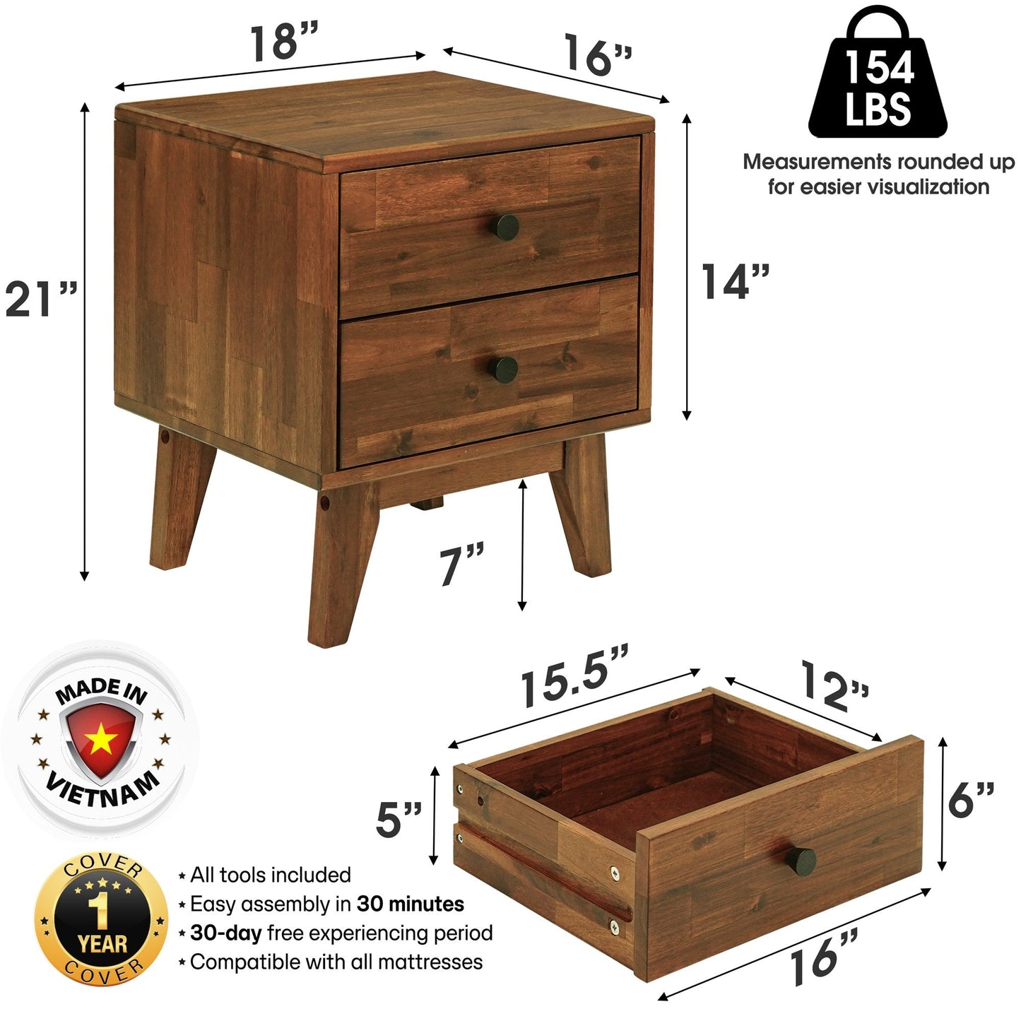 Silvia 2-Drawer Solid Wood Nightstand