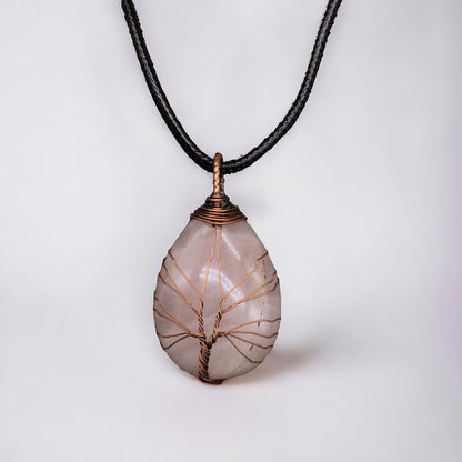 Light pink Gemstone Pendant Wrapped w/ Bronze Tree of Life