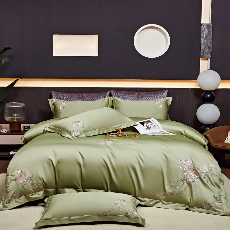 Eternal Bloom Embroidered 1000 TC Egyptian Cotton Duvet Set - Jade Green/Blush/Steel Blue
