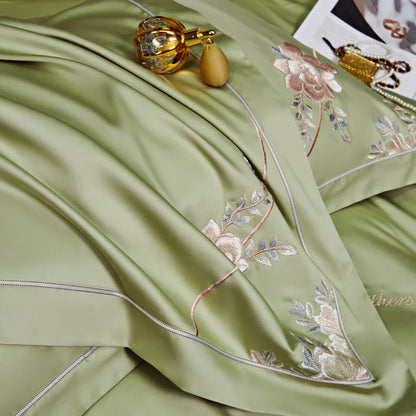 Eternal Bloom Embroidered 1000 TC Egyptian Cotton Duvet Set - Jade Green/Blush/Steel Blue