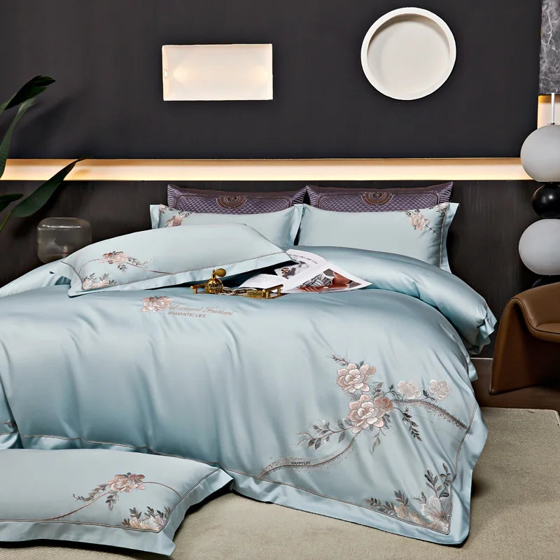 Eternal Bloom Embroidered 1000 TC Egyptian Cotton Duvet Set - Jade Green/Blush/Steel Blue