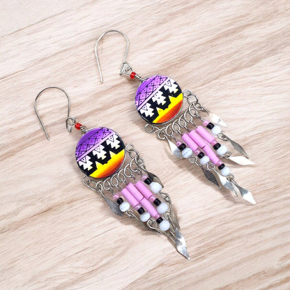 Purple and Yellow Southwestern Round Shaped Dangle Earrings