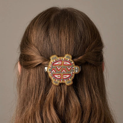 Beaded turtle Barrette Red accent