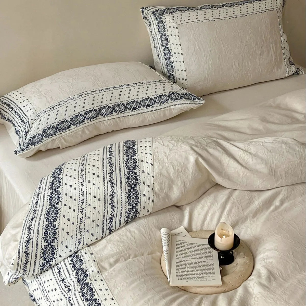 French Chateau Vintage Style Premium 4 Pc Cotton Linen Duvet Set - Cream