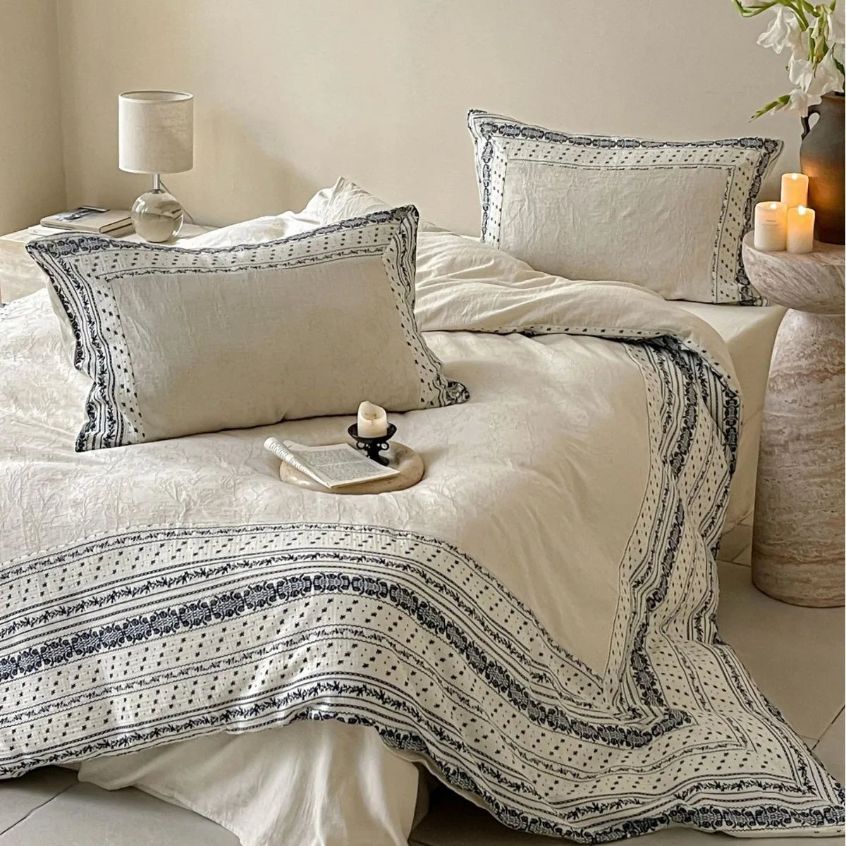 French Chateau Vintage Style Premium 4 Pc Cotton Linen Duvet Set - Cream