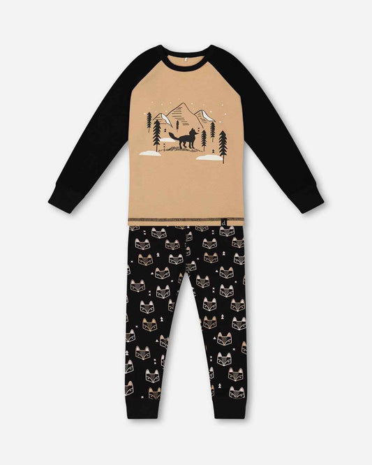 Organic Cotton Two Piece Pajama Set Black Printed Fox