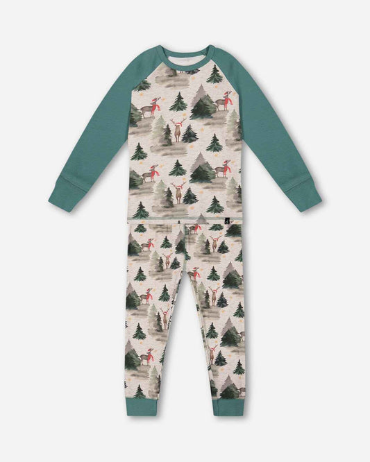 Organic Cotton Two Piece Pajama Set Gray Mix And Green Printed Reindeer