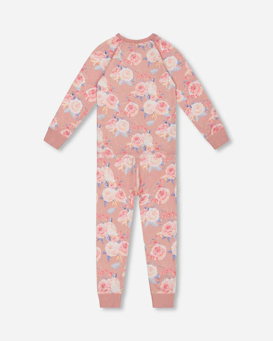 Organic Cotton Two Piece Pajama Set Old Pink Printed Roses