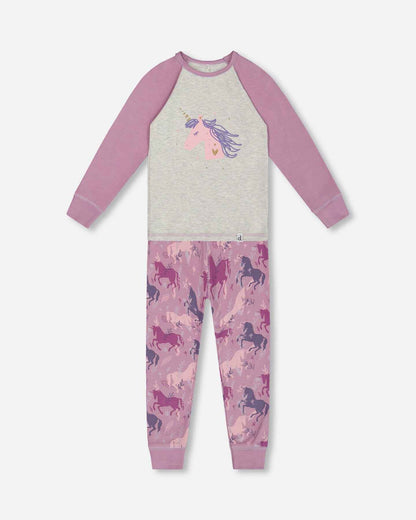 Organic Cotton Two Piece Pajama Set Mauve Printed Unicorns