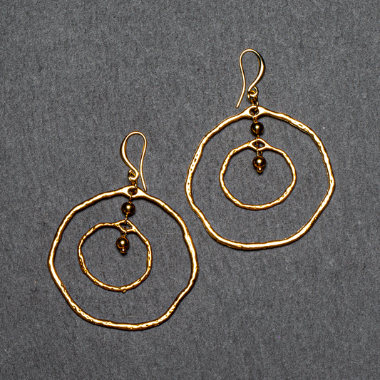 Beaten Double Ring Earring In Gold Plate