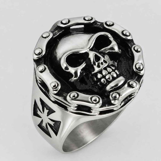 GoSteel Men's Cycle Chain Gothic Skull Ring | Stainless Steel