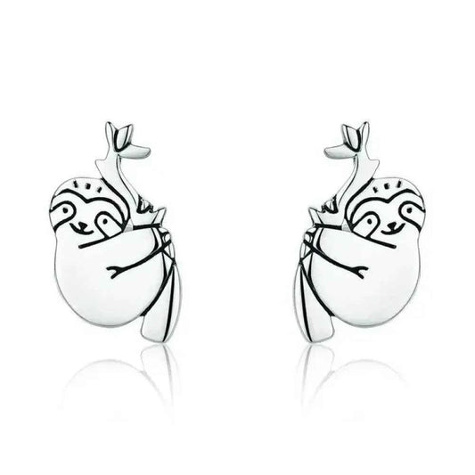 Adorable Sloth Stud Earrings In Sterling Silver - Cute Animal Jewelry