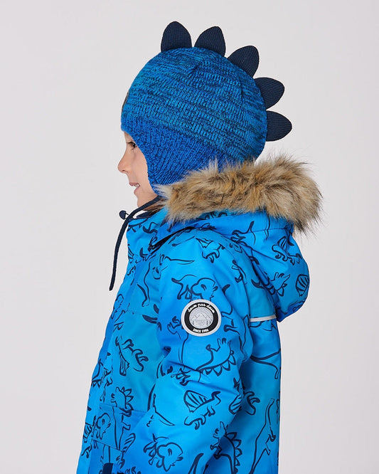 Lined Dino Peruvian Knit Winter Hat With Pompom Blue