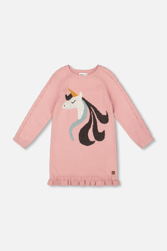 Knitted Dress Dusty Pink With Unicorn Intarsia