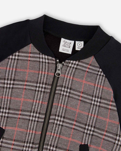 Bi-Material Zip Front Jacket Gray And Black Plaid