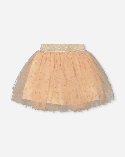 Multi Layer Glittering Mesh Skirt Beige