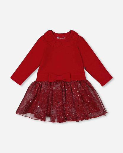 Bi-Material Dress With Glittering Skirt Red