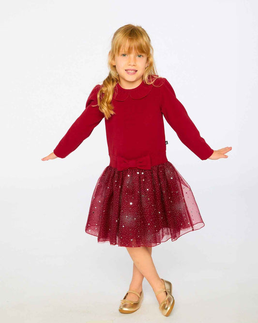 Bi-Material Dress With Glittering Skirt Red