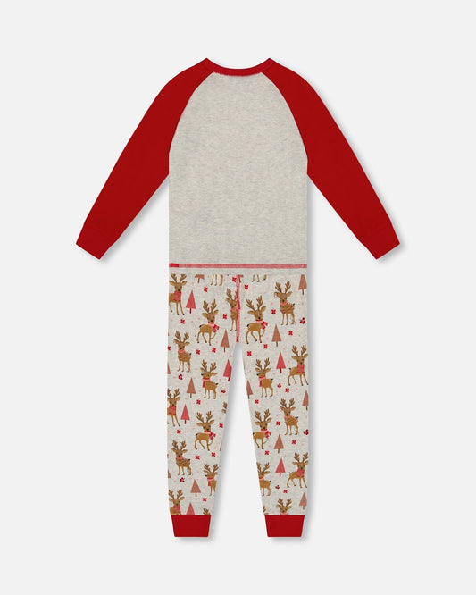 Organic Cotton Two-Piece Pajamas Beige Girly Reindeer Print