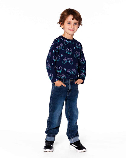 Long Sleeve Organic Cotton Allover Print Tee Navy Blue