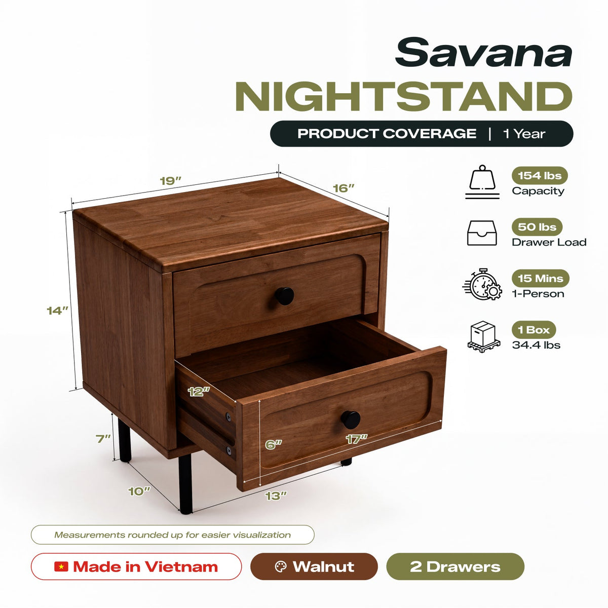 Savana Two Drawers Solid Wood Nightstand