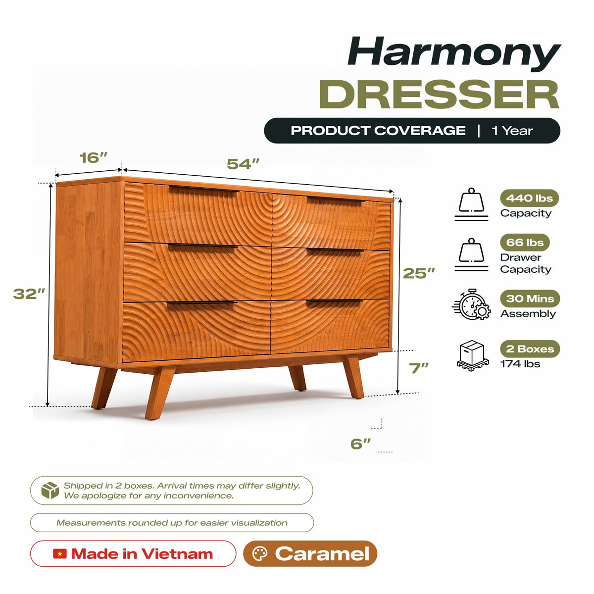 Harmony Solid Wood Dresser with 6 Drawers