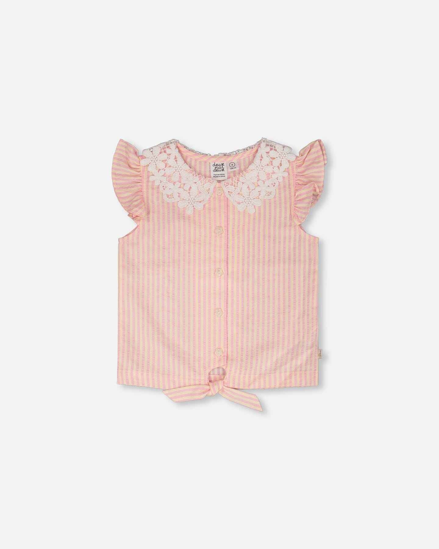 Sleeveless Shirt Pink And Yellow Stripes With Crochet Collar