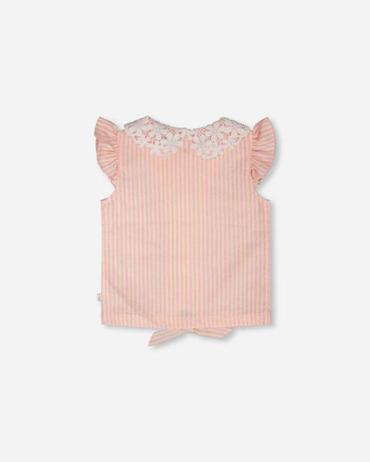 Sleeveless Shirt Pink And Yellow Stripes With Crochet Collar
