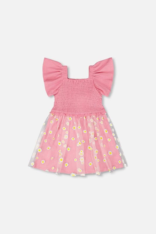 Mesh And Crinkle Jersey Dress With Smocking Pink