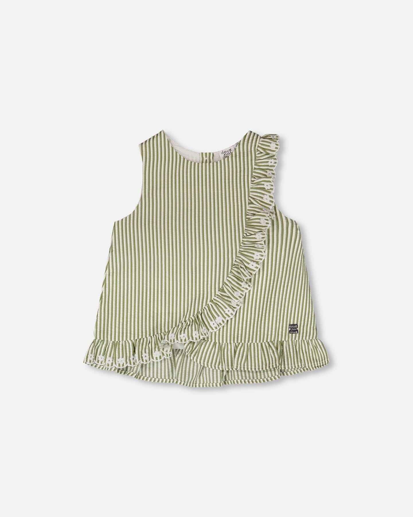 Top Green & Off White Stripes With Embroidered Ruffle