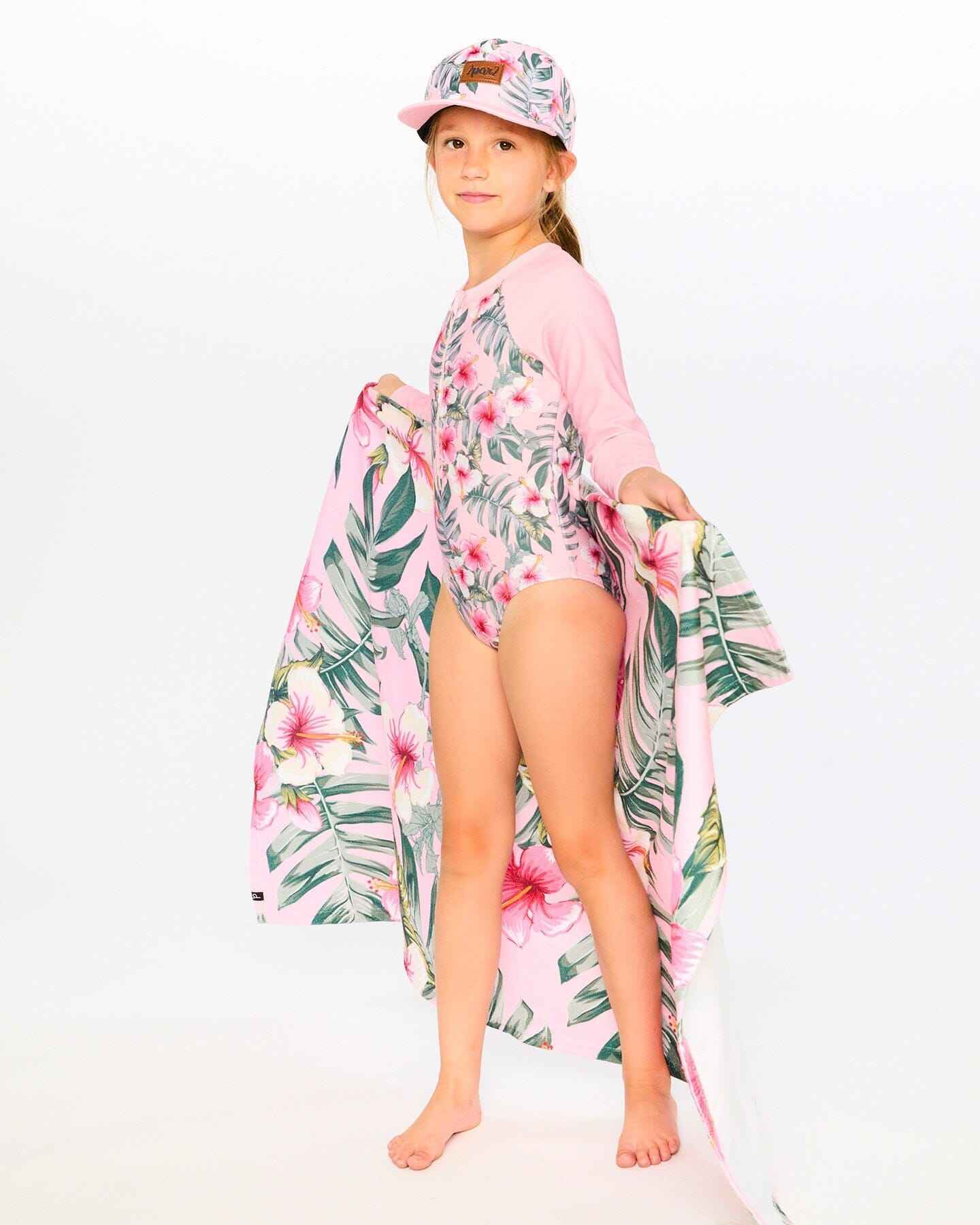 One-Piece Long Sleeve Rashguard Pink Hibiscus Print