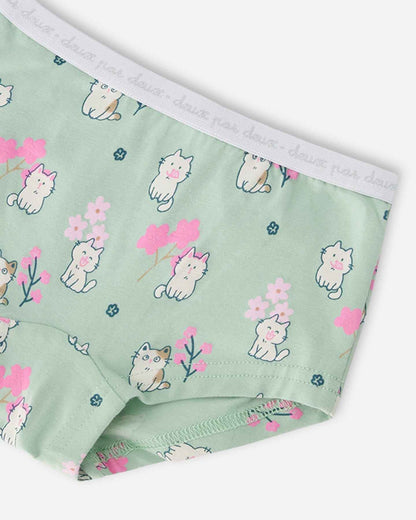 Organic Cotton Boyshort Panty Green Kitten Print