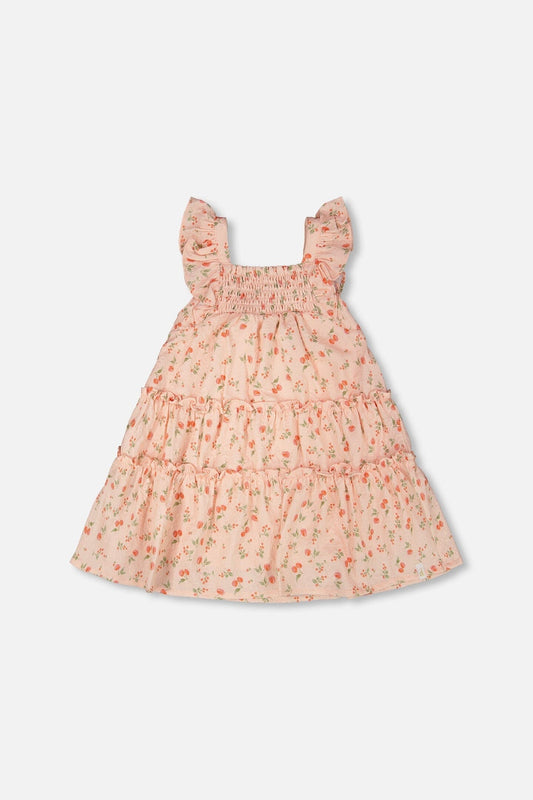 Multi-Tiered Dress With Smocking Pink Printed Flowers