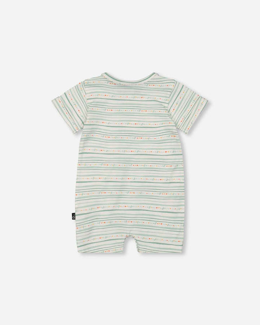 Organic Cotton Romper White Printed Mint Green Lines