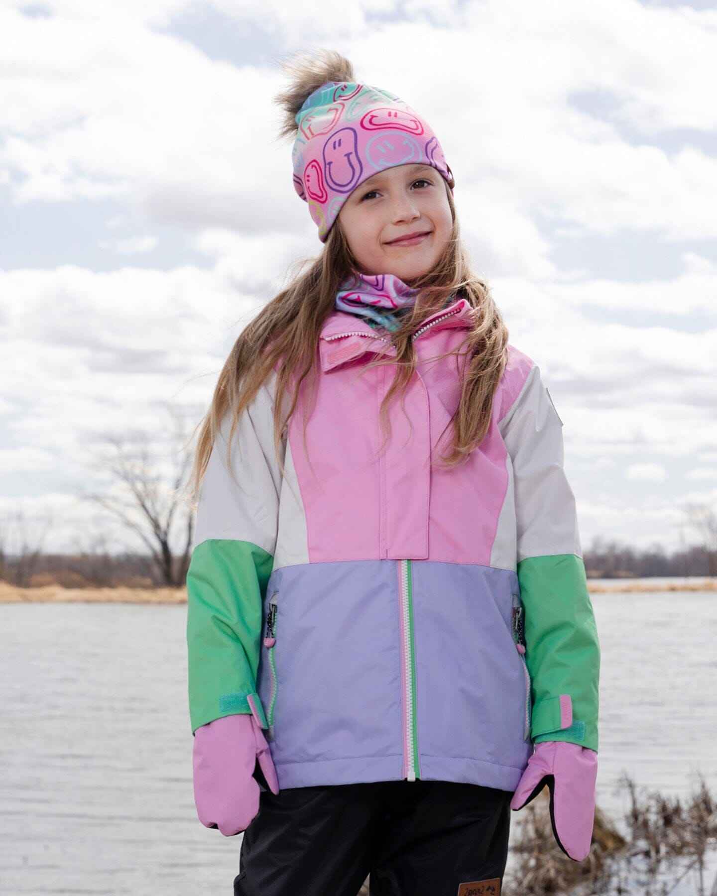 Stretch Jersey Hat Multicolored Printed Smileys With Pompom