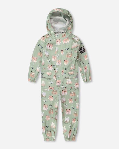 Green rain jumpsuit with color-changing frogs print