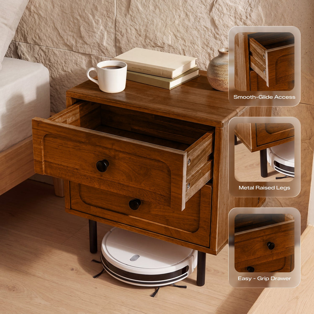 Savana Two Drawers Solid Wood Nightstand