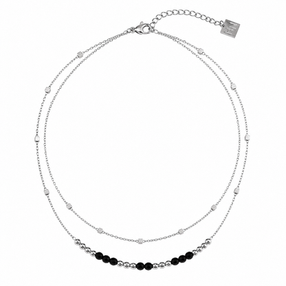 HILDA Silver (White Gold) Necklace: Two-in-One Square Beads & Round Beads in Black & Gold