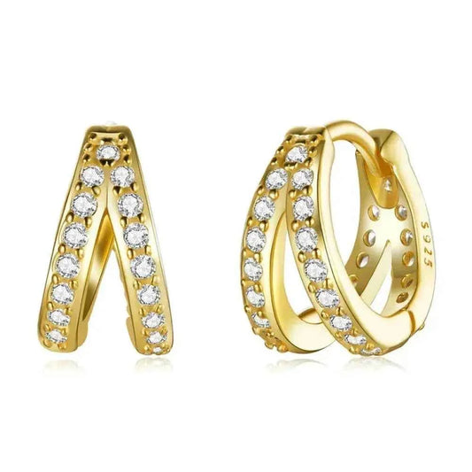 925 Sterling Silver Elegant Geometry Zircon Crystal Double Rings Ear Hoop Earrings