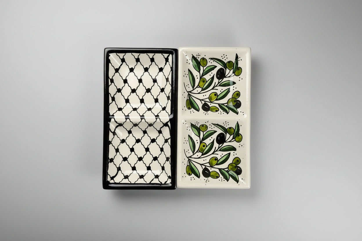 Handgefertigte Keramikplatte für zwei Vorspeisen | Harmonie-Designs aus Kuffiyeh und Olive