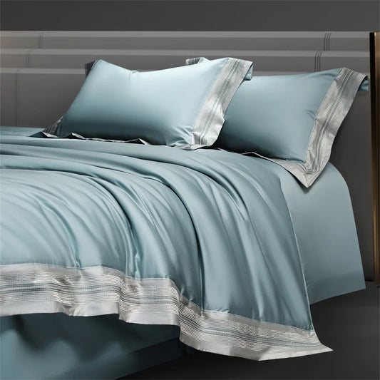 Heirloom Harmony Luxury Embroidered Egyptian Cotton 1000 TC Duvet Set - Aqua Blue/Champagne/Blush/Jade Green/Light Grey/Blue