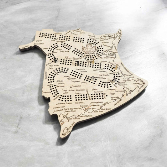 New Brunswick Map Cribbage Board – Handcrafted Wooden Crib Board with Engraved Cities