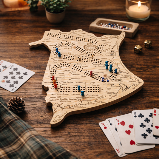 New Brunswick Map Cribbage Board – Handcrafted Wooden Crib Board with Engraved Cities